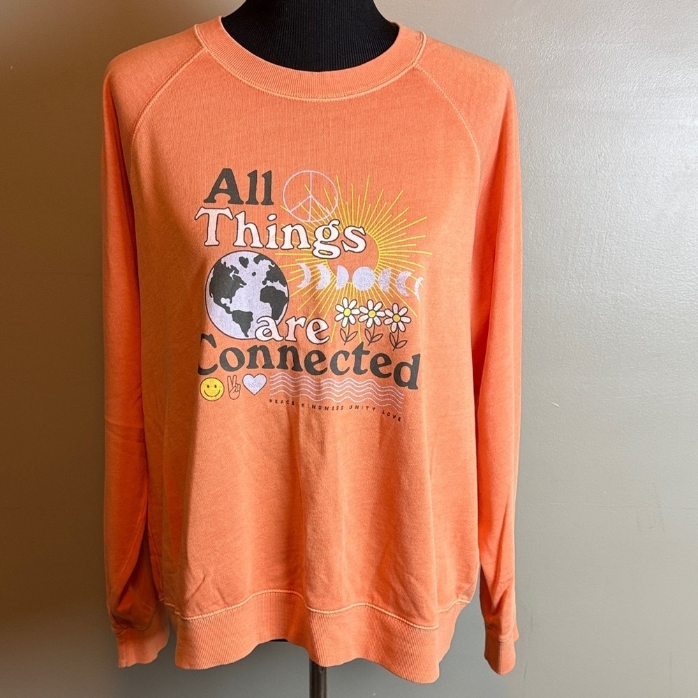 Old Navy Orange Graphic Crewneck Sweatshirt “All Things are Connected” Sz L